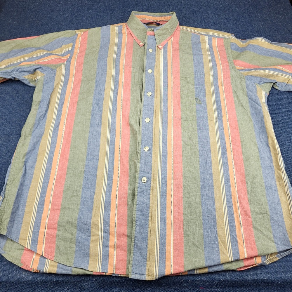 VTG Nautica XL Short Sleeve Button Down Shirt Multi Color Pastel Vertical Stripe